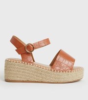 New Look Wide Fit Tan Faux Croc Espadrille Chunky Sandals